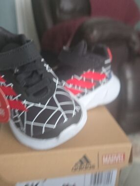 adidas Kids Black SPIDEY Sneakers with Red Stripes and White Web Accent